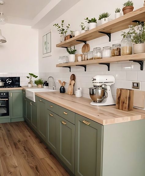 Small Green Kitchen, Green Cottage Kitchen, Cottage Core Kitchen, Olive Green Kitchen, Earthy Kitchen, Sage Kitchen, Green Kitchen Designs, Wood Countertops Kitchen, Cottagecore Kitchen