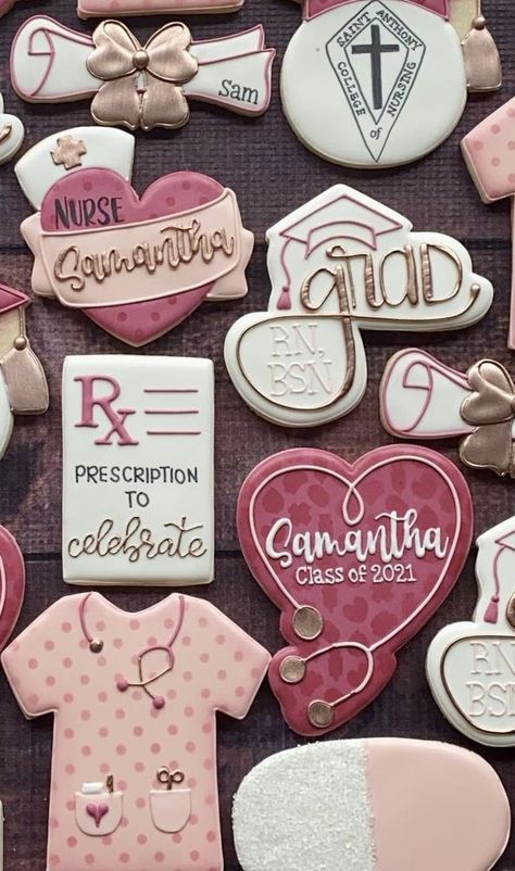 Nurse Cookies Graduation, Phd Cookies, Lpn Pictures, Nursing Graduation Cookies, Nurse Sugar Cookies, Chemo Nurse, Retirement Cookies, Nurse Grad Parties, Diy Graduation Decorations