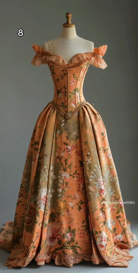 Ball Gown Fantasy Royal, Royal Dresses Princesses Gowns, Orange Victorian Aesthetic, Pretty Gowns, Beautiful Ball Gowns Fairytale, Orange Princess Dress, Royal Dresses Princesses, 1700s Dresses, Magical Dress