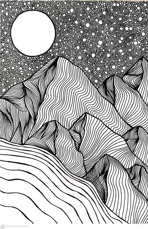 Complex Line Drawing, Fineliner Art Illustration, Landscape Line Drawing, Zentangle Landscape, Landscape Line Art, Line Art Lesson, Ink Drawing Techniques, Fineliner Art, Doodle Art Flowers