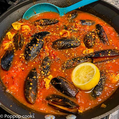 Easy Mussels Fra Diavolo - Twenty Minutes - Poppop Cooks Seafood Main Course, Parmesan Crusted Zucchini, Fra Diavolo, Mussels Recipe, Spicy Tomato Sauce, Frozen Seafood, Focaccia Bread, Parmesan Crusted, Drying Pasta