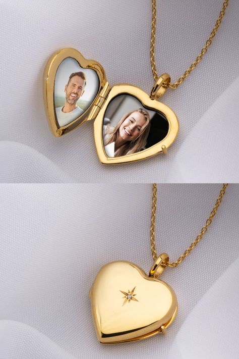 Two gold heart lockets showcasing photos and diamonds Photo Pendant Gold, Locket Design Gold, Wedding Jewllery, Gold Locket Design, Lockets Gold, Gold Lockets, Wedding Locket, Trendy Silver Jewelry, Gold Jewelry Prom