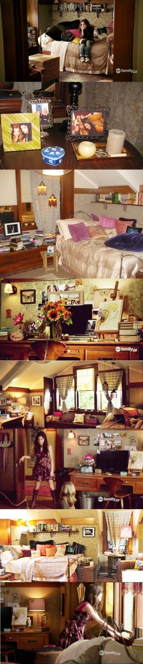 Aria's bedroom Aria Montgomery Room, Cosy Beds, Pretty Little Liars Aria, Pretty Little Liars Outfits, Bedroom Dark, Cosy Bed, Aria Montgomery, Trendy Bedroom, Dream Rooms