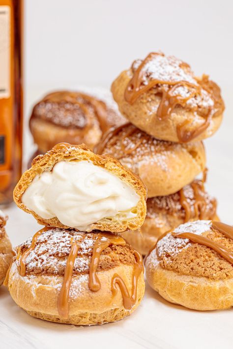 Caramel Cream Puffs, Cream Puffs Recipe, Homemade Cream Puffs, Bourbon Whipped Cream, Bourbon Caramel, Whiskey Cream, Bourbon Caramels, Pastry Cream Filling, Bourbon Cream