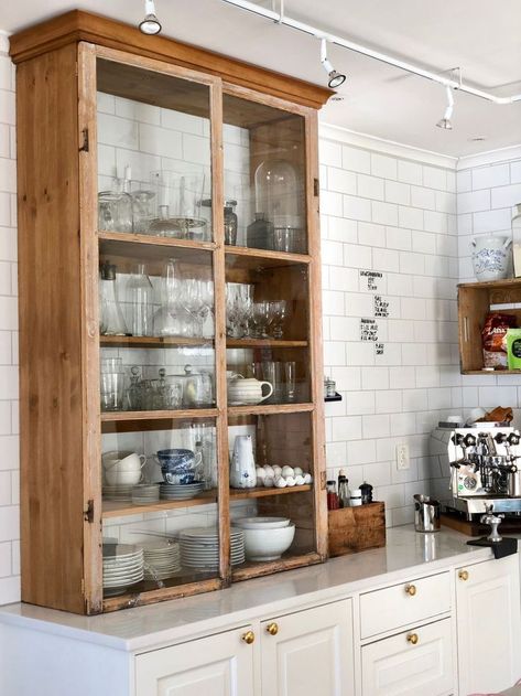 Unique Spice Storage, Scandish Home Kitchen, Bookcase On Kitchen Counter, Farmhouse Kitchen No Upper Cabinets, Hutch On Kitchen Counter, Hutch On Countertop, Pantry With Cabinets And Counter, Countertop Pantry Cabinet, Bookshelves Kitchen