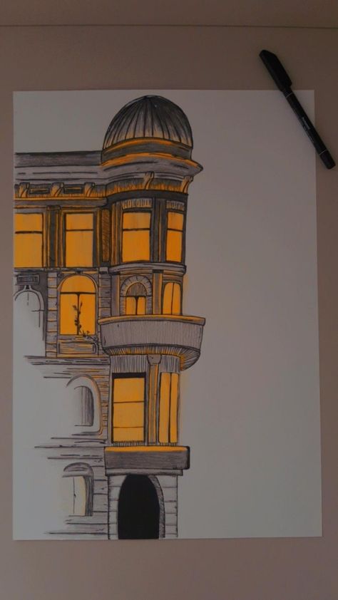 Buildings To Draw Sketch, Easy Architecture Sketch, Drawing Cityscapes, Night Sketch, Whimsical Art Journal, Character Artist, Building Drawing, Pen Art Drawings, Cool Pencil Drawings