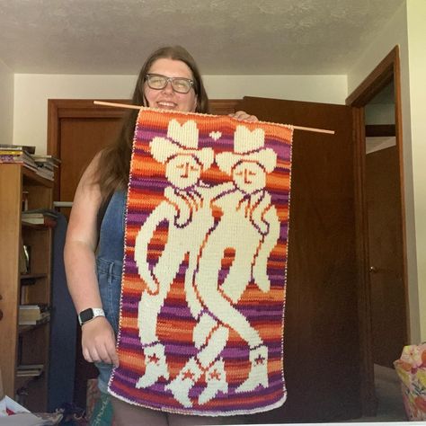 My lovely double sided cowgirl tapestry is ready to be hung up! This is my first big tapestry and I’m in love with it 🥰 💖🤍🧡❤️🤠 (Pattern by @johnelliotknits ) #knitting #knit #doubleknit #doubleknitting #tapestry #knittapestry #cowboy #cowgirl Cowgirl Tapestry, Big Tapestry, Knit Tapestry, Hippie Crochet, Cowboys Men, Crochet Tapestry, Blanket Patterns, Cowboy Cowgirl, Hung Up