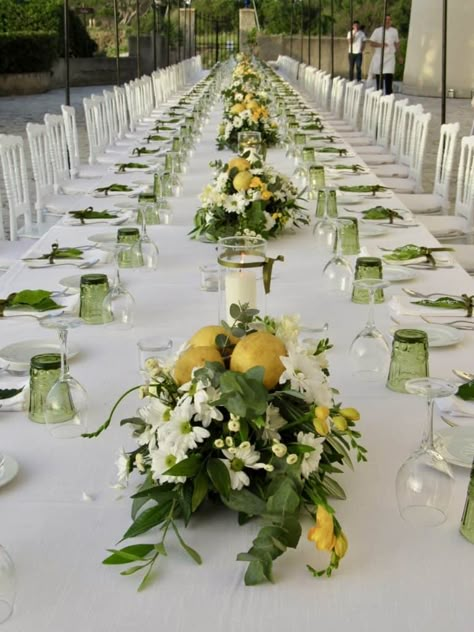 Table set for 90 guests at Punta Licosa Italy Table Setting, Sicilian Wedding Theme, Lemon Themed Wedding, Lemon Table Decor, Wedding Cocktail Tables, Rustic Italian Wedding, Sicilian Wedding, Dinner Party Table Settings, Yellow Wedding Theme