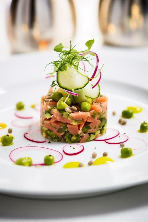 Savour the Exquisite Taste of Salmon Tartare with Avocado and Cucumber - A Mediterranean Delight #mediterraneandiet Fish Starter Recipes, Salmon Tartare Recipe, Fish Starter, Gourmet Salmon, Gourmet Food Presentation, Salmon Tartar, Salmon Appetizer Recipes, Avocado Appetizer, Avocado And Cucumber