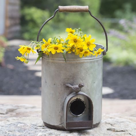 Rustic Bucket Birdhouse Planter Birdhouse Planter, Metal Bucket Planter, Bucket Planters, House Planter, Garden Patio Decor, Small Door, Barb Wire, Farmhouse Garden, Metal Bucket