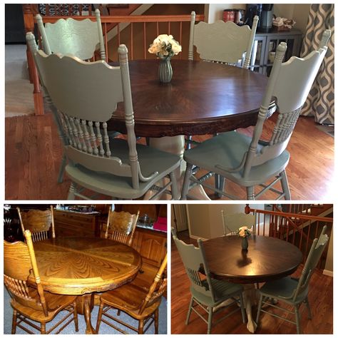 Makeover -Oak claw table with chairs. Country French style. Repurposed Table, Country French Style, Kitchenette Design, French Style Chairs, Ikea Dining, Table With Chairs, Diy Kitchen Table, Basement Furniture, Kitchen Table Makeover