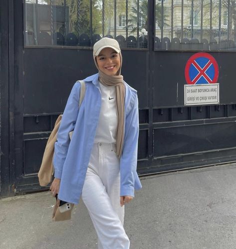 Hijab Student Outfit, Hijab And Cap Outfit, Steel Blue Outfit Color Combos, Blue Outfit Aesthetic Hijab, Blue Chemise Outfit Hijab, Blue Cardigan Outfit Hijab, Hijabi With Cap, Hijab With Cap Outfit, Blue Outfit Hijab