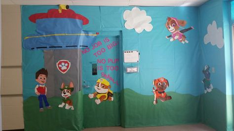 Hero Theme: Paw Patrol Paw Patrol Door Decoration, Paw Patrol Bulletin Board Ideas, Paw Patrol Classroom Theme, Owl Classroom Door, Hallway Decorations, Paw Patrol Decorations, Daycare Classroom, Owl Classroom, Summer Room