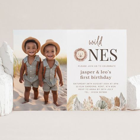 Wild Ones Twins Neutral Leaves - Photo Birthday Invitation 1st Birthday Invitation Card, Watercolour Lion, 77th Birthday, Birthday Invitation Card, Twins 1st Birthdays, Twin First Birthday, Photo Birthday Invitations, Creative Invitations, Photo Birthday