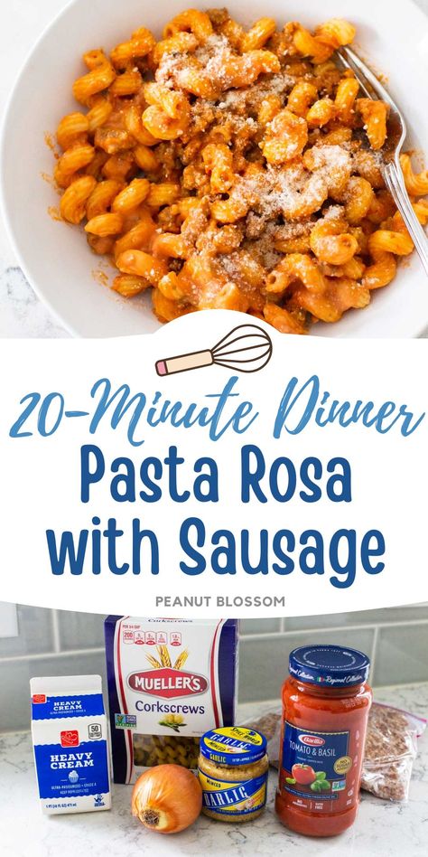 This easy 20 minute dinner has a classic creamy pasta rosa sauce over curly noodles. Savory sausage crumbles add protein and so much flavor. A decadent dinner when your family needs a little comfort food on a busy night. Serve with garlic bread and a side salad to round out the menu. Cream Tomato Pasta, Guy Food, Curly Noodles, Corkscrew Pasta, Decadent Dinner, Meal Train, Peanut Gallery, 20 Minute Dinners, Easy Pasta Sauce