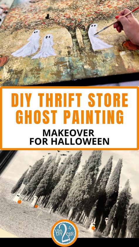 DIY Thrift Store Ghost Painting Makeover for Halloween Upcycle Halloween Decorations, Happy Halloweenie, Sister Crafts, Thrift Store Makeover, Diy Halloween Wreath, Barn Painting, Upcycled Art, Halloween Painting, Fall Halloween Crafts