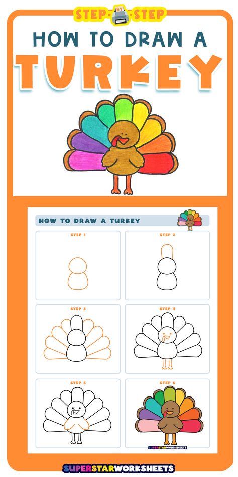 How to draw a simple and easy turkey for kids. This step-by-step how to draw a turkey tutorial will help your students create their own cute, cartoon turkey in 6 easy steps! #superstarworksheets #turkey #drawing Step By Step Turkey Drawing For Kids, Directed Turkey Drawing For Kids, Thanksgiving Turkey Drawing Easy, Turkey Drawing Simple, How To Draw A Simple Turkey, Turkey Drawing Easy Step By Step, Thanksgiving Drawings Easy Step By Step, How To Draw A Turkey Step By Step, Turkey Directed Drawing For Kids