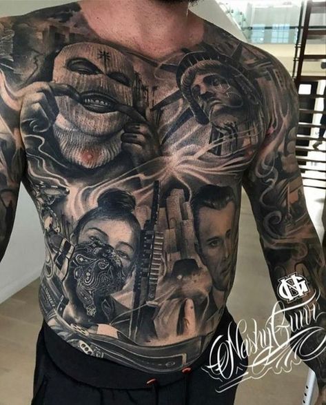 Badass tattoos in this article: you can find the true meaning of these inks, special features, and a collection of fascinating designs. Don’t delay and start reading! Chicano Chest Tattoo Men, Chicano Chest Tattoo, Chicano Tattoos Men, Chest Tattoo Man, Stomach Tattoos Men, Chest Tattoo Men Ideas, Stomach Tattoos For Guys, Tattoo Mafia, Full Chest Tattoos