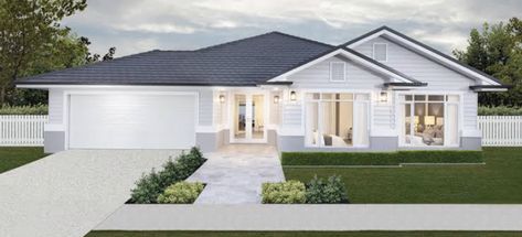 Hamptons Facade Single Story, Hamptons Facade Australia Single Story, Exterior House Colours Australia, Hamptons Facade Australia, Hampton Style Exterior, Monument Roof, Exterior House Colours, Outdoor House Paint, Dulux Exterior Paint