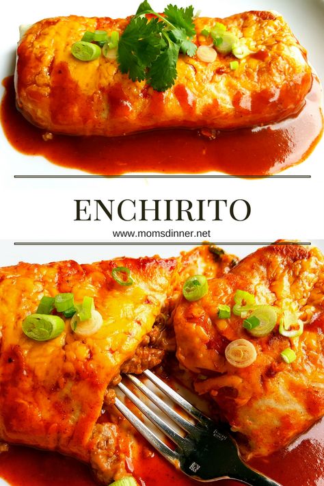 Enchirito is a little burrito and a little enchilada. It is the best of both worlds! A super easy and delicious dinner. It can even be MADE AHEAD when for busy nights. #burrito #enchilada #mexican Enchirito Recipe, Smothered Burrito, Super Easy Dinner, Mexican Foods, Mexican Cooking, Hispanic Food, Enchilada Recipes, Best Of Both Worlds, Mexican Food Recipes Authentic