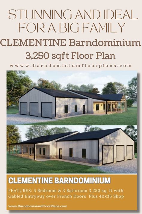 ) Clementine Barndominium 50′ x 65′ – 5 bedroom – 3 bathroom with Mudroom   3,250 sq ft living Plus 40′ x 35′ shop Barndominium Ideas 5 Bedroom One Story, Small 4 Bedroom Barndominium Floor Plans, Barndo Floor Plans With Shop, Bardominum Ideas Floor Plans 5 Bedroom, Shouse House Plans, 5000 Sq Ft Barndominium Floor Plans, 1 Level House Plans Open Floor 4 Bedroom, 5 Bedroom Barndominium Ideas, 5 Bedroom House Floor Plan 1 Story