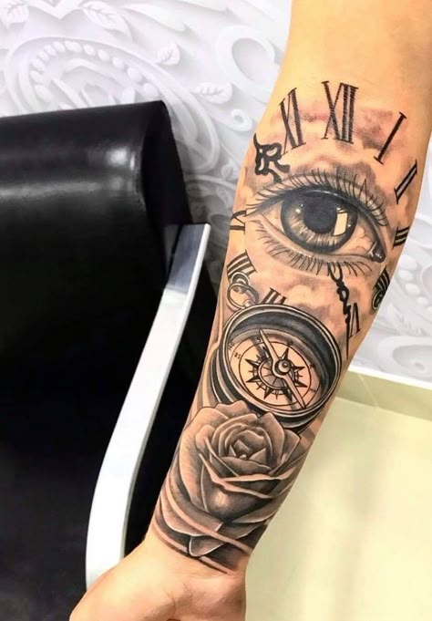 Forarm Tattoos Mens, Clock And Rose Tattoo, Tato Maori, Forarm Tattoos, Cool Arm Tattoos, Forearm Sleeve Tattoos, Cool Forearm Tattoos, Watch Tattoos, Full Sleeve Tattoos