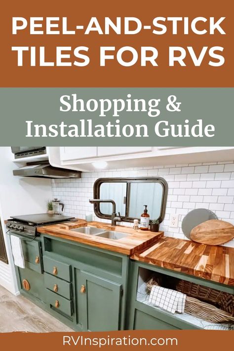 Peel-and-stick tiles are an inexpensive, easy, versatile, and lightweight way to spruce up your RV walls. That may be with a backsplash in your RV kitchen or bathroom, as a decorative wall border, as an entire accent wall, or even as a new finish on your cabinets or ceiling! In this article, we’ll give you tips for buying the best quality tiles and instructions on how to install them! #rvtips #rvinspiration Rv Newbies, Rv Models, Rv Design, Rv Inspiration, Stick Tile Backsplash, Rv Renovation, Stick Tiles, Renovation Tips, Rv Makeover