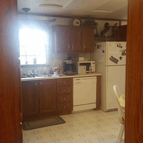 Doublewide Mobile Home Kitchen Remodel, Remodeled Double Wide Mobile Homes, Farmhouse Mobile Home, Small House Renovation, Double Wide Manufactured Homes, Mobile Home Remodel, Kitchen Sink Remodel, Mobile Home Bathrooms, Farmhouse Style Bathroom Vanity