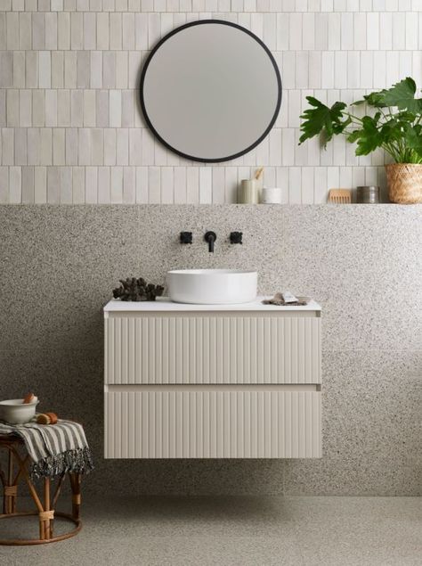 Wood Floor White Bathroom, Fluted Cabinet Bathroom, Ripples Bathrooms, Bathroom 2023, Tiled Bathrooms, Brick Wall Tiles, Fluted Wood, Tactile Design, Wet Room Flooring