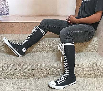 YOU CALL CHUCK TAYLOR ALL-STAR SNEAKERS "SEXY?" WELL, WHEN CONVERSE OFFERS THEM IN AN ALL-THE-WAY-UP-THE-LEG VERSION - THEN - YA! - SEXY! JUL. '18. Converse Xxhi, Knee High Converse, High Converse, Girls Converse, Mens Attire, Star Sneakers, Military Uniform, Girls Boots, Toe Designs