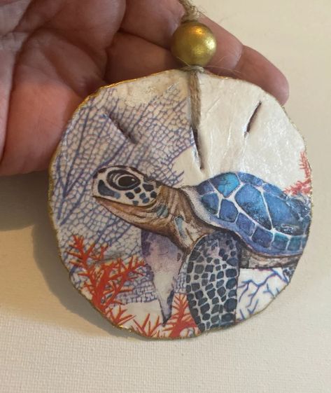 Sea Turtle Ornament, Sand Dollar Decoupage Art, Coastal Beach Decoration Handmade Beach Sea Life Coastal Gift Idea - Etsy Beach Theme Christmas, Decoupage Shells, Painted Sand Dollars, Sand Dollar Craft, Sand Dollar Art, Painted Gifts, Sand Dollar Ornament, Turtle Ornament, Art Coquillage