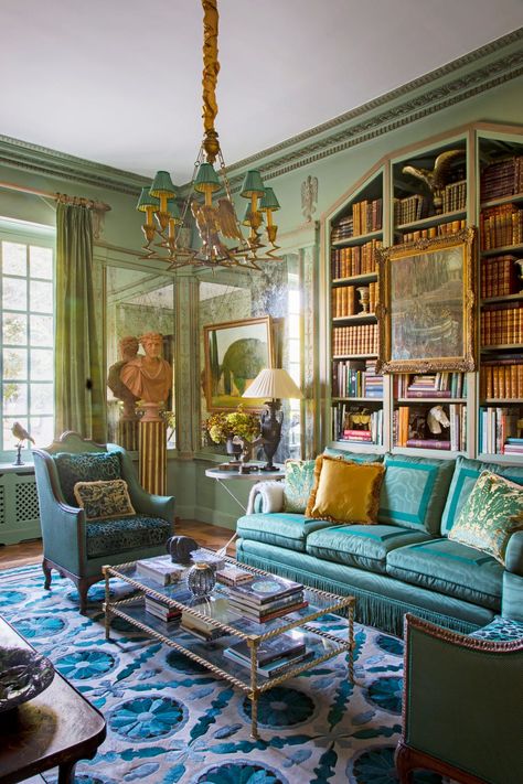 Timothy Corrigan French Chateau Library German Home Decor, Art Nouveau Interior, Green Walls, Home Libraries, Green Interiors, French Interior, Green Rooms, Beautiful Interiors, House Inspo