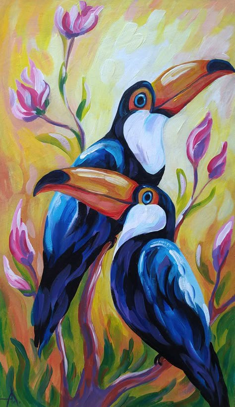 Anastasia Kozorez - Paintings for Sale | Artfinder Acrylic Painting Pictures, Toucan Acrylic Painting, Birds In Acrylic Painting, Bird Drawings Colour, Toucans Painting, Simple Animal Paintings, Tucan Painting, Birds Acrylic Painting, Hardboard Painting