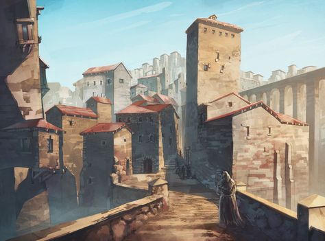 Ever Sanchez Medieval Village Concept Art, Medieval Town Art, Medieval Cities, Town Drawing, City Concept, Harbor City, Roman City, Medieval Houses, Medieval World