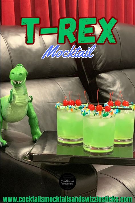 This image shows three green drinks with cherry garnishes with dinosaur sprinkles scattered about in front of a toy Rex from Toy Story all sitting in a home theater Fun Kids Drinks, Disney Movie Night Menu, Movie Night Food, Disney Drinks, Spicy Drinks, Iced Drinks Recipes, Disney Dinner, Vegan Cheese Recipes, Cocktail Party Food