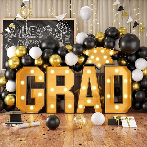 Amazon.com: FunHot Marque Light Up Letters, Large Grad Light Up Letters, Black Gold Grad Marquee Letters with Lights Mosaic Frame Letter Pre-Cut Cardboard Hat for Anniversary Graduation Decorations Class of 2024 : Toys & Games Grad Marquee Letters, Green And Gold Balloon Arch, Gold Anniversary Decorations, Letters With Lights, Cardboard Hat, Framed Letters, Mosaic Frame, Light Up Letters, Anniversary Decorations