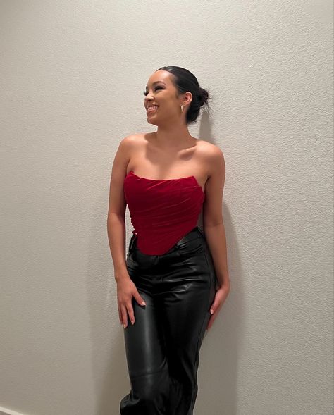 Red Top Leather Pants, Red Top Corset, Leather Pants Red Top Outfit, Red Party Outfit Night, Red Leather Top Outfit, Red Corset Outfit Ideas, Red Night Out Outfit, Red Top Black Pants Outfit, Pittsburgh Outfits