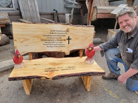 Handmade 4 Foot Memorial Bench With Cardinal FREE SHIPPING | Etsy Memorial Bench Quotes, Homemade Benches For Outside, Memorial Bench Ideas, Memory Garden Ideas Diy, Memorial Benches Outdoor, Rememberance Ideas, Memorial Garden Ideas, Guest Book Bench, Outdoor Bench Plans