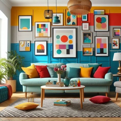 Colorful Living Room Colorful Living Room Ideas, Colourful Armchairs, Lounge Room Ideas, Colorful Living Room, Vibrant Living Room, Vibrant Wall Art, Vibrant Style, Colourful Living Room, Colourful Cushions