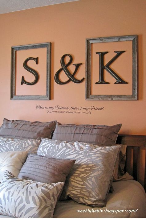 Love this idea. Initials framed above the bed. Master Bedding, Home Design Decor, Cheap Home Decor, My New Room, Decor Rustic, Design Layout, Handmade Home, Diy Wall Decor, First Home