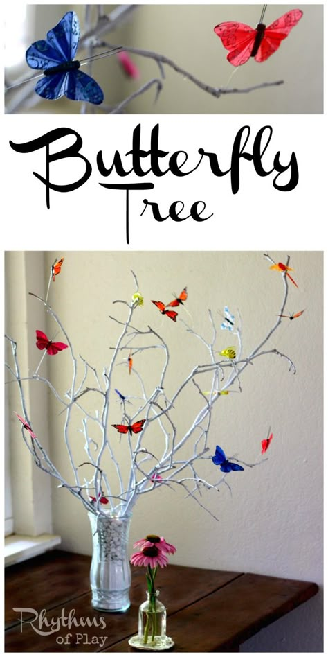 A fun DIY project for the whole family. This beautiful butterfly tree makes a lovely addition to your home decor or nature table. An easy craft that also makes a gorgeous centerpiece for special dinners, parties, and weddings! Centerpiece Butterfly, Butterfly Centerpiece, Diy Papillon, How To Make Trees, Tree Centerpiece, Butterfly Tree, Tree Centerpieces, Wood Wall Art Diy, Tree Craft