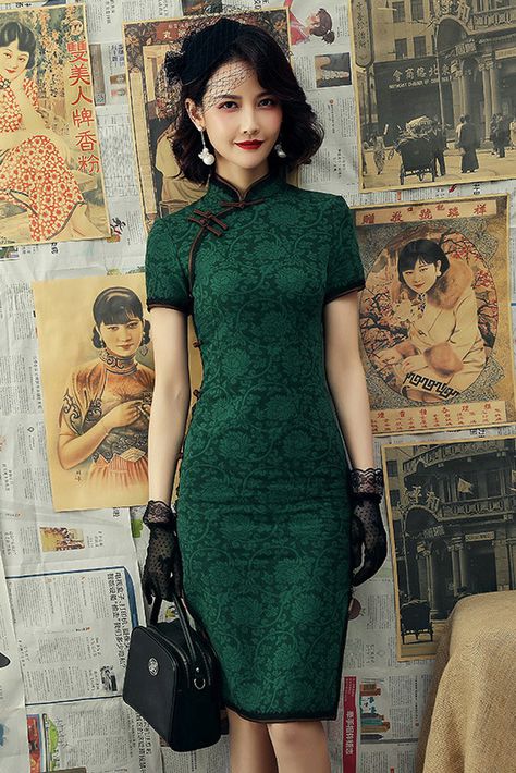 Green Long Sleeve Dress, Chinese Style Dress, Traditional Chinese Dress, Qipao Dress, Lace Dress Vintage, Cheongsam Dress, Chinese Clothing, Chinese Dress, Cheongsam