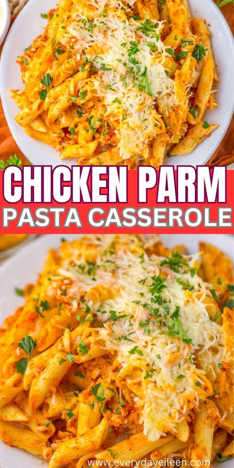 Dinner Ideas For Shredded Chicken, Easy Italian Dishes For A Crowd, Make Ahead Chicken Pasta Bake, Chicken Pasta With Marinara Sauce, Chicken Parmesan Pasta Casserole, Make Ahead Pasta Casserole, Make Ahead Casserole Recipes For Dinner, Pasta With Shredded Chicken, Chicken Parm Casserole With Pasta