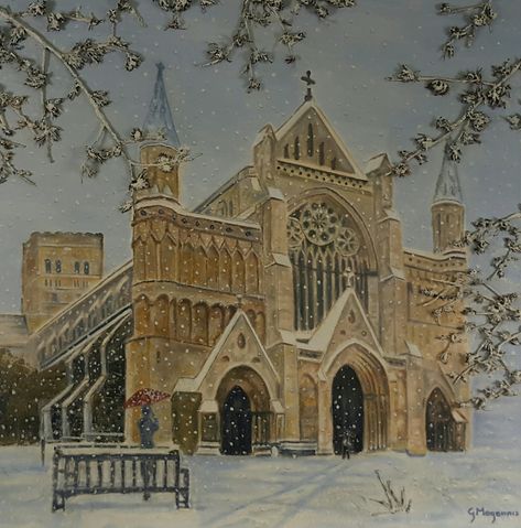 St Albans Cathedral, Hertfordshire, England - Oil & Acrylic Painting. Peterborough Cathedral, Hertfordshire England, St Albans, Landscape Illustration, Peterborough, Post Card, Christmas Watercolor, Winter Landscape, Christmas Inspiration