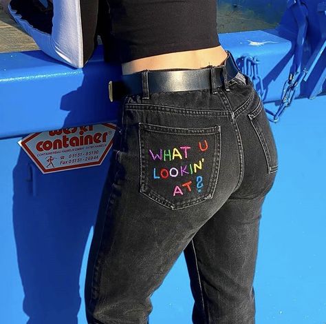 Custome T Shirt, Jeans With Writing On The Back, Fun Jeans Diy, Embroidery For Pants, Did I Say Yes Jeans, Words On Pants, Diy T Shirt Painting Ideas, Clothing Customization Diy, Embroyderi Ideas Clothes