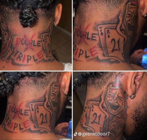 Bet On Myself Tattoo, Full Neck Tattoo For Guys Hood, Side Neck Tattoo For Guys Ideas, Black Men Neck Tattoo Ideas, Neck Tattoo Men Ideas, Black Men Neck Tattoos, Male Neck Tattoo, Side Neck Tattoos For Men, Hood Tattoo For Men