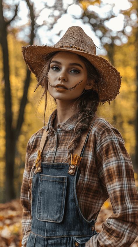 photo of a A fun and creative DIY Halloween costume for women, featuring one woman dressed as a scarecrow. She wears a plaid shirt, overalls, a floppy hat, and straw poking out from her sleeves and pockets. Her makeup includes simple stitched features on her face. She stands outdoors, surrounded by autumn leaves, with a light-hearted and festive Halloween atmosphere. Cute Scarecrow Costume, Scarecrow Costume Women, Scarecrow Outfit, Simple Costume Ideas, Scarecrow Outfits, Overall Costume, Carnaval Outfits, Halloween Costumes Scarecrow, Creative Halloween Costumes Diy