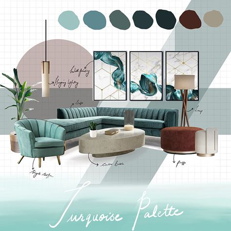 Turquoise Mood Board, Luxe Color Palette, Turquoise Palette, Interior Design Presentation Boards, Sala Vintage, Design Diagram, Turquoise Room, Materials Board Interior Design, Mood Board Interior