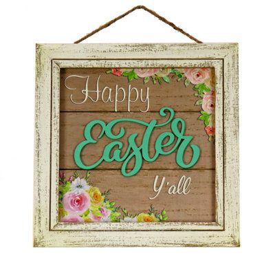 Welcome the Easter holiday with this unique and rustic wall hanging. Features the message “Happy Easter Y’all" in flowing script-raised lettering over slatted wood background. Opposite corners are decorated with colorful painted flower blooms. The inner art is contained by an antique-style grooved frame with a distressed finish. Includes hanging loop. | The Holiday Aisle® “Happy Easter Y’All" Wall Sign Wood in Brown/Green/Pink, Size 10.0 H x 0.47 W x 10.0 D in | Wayfair Easter Wall Decor, Rustic Wall Hangings, Raised Letters, 10% Happier, Easter Season, Easter Holiday, Painted Flower, Easter Holidays, Rustic Wall