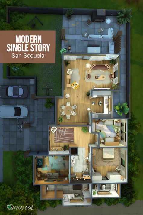 The floor plan for my modern single story 3 bedroom home in San Sequoia! #thesims4 #simsbuild #showusyourbuilds #sims4maxismatch #sims #ts4 #floorplan #sims4floorplan Sims Single Story House, One Story Sims House Layout, 3 Bedroom Sims 4 House Layout, Sims 4 Floorplan 1 Story, One Story House Sims 4, 3 Bedroom Sims 4 House, Sims 4 One Bedroom House, Sims 4 One Story House Floor Plan, Sims 4 3 Bedroom House Plan